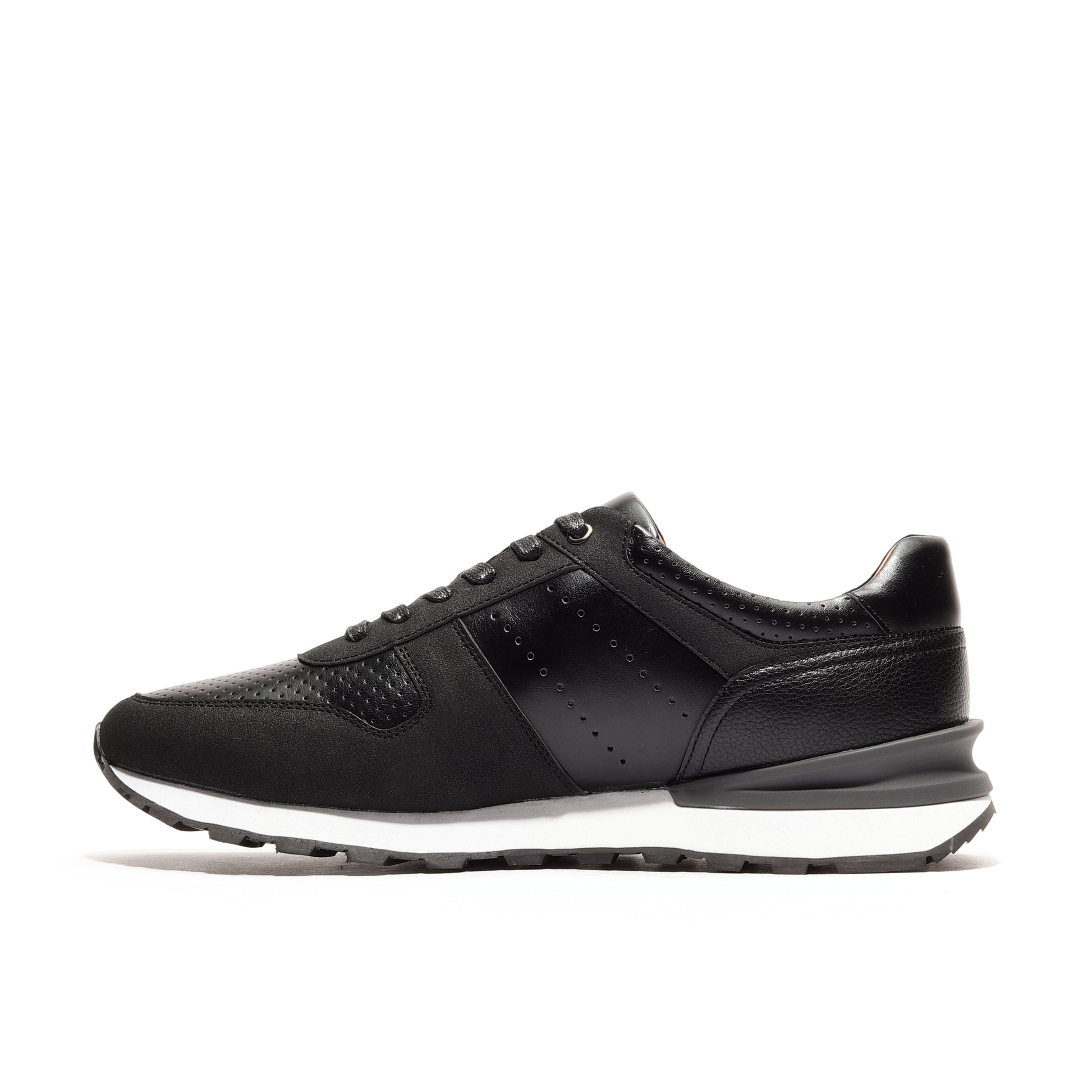 Inner side view of black athleisure performance sport runner shoes, highlighting the breathable mesh lining and ergonomic design for enhanced comfort and support during athletic activities.