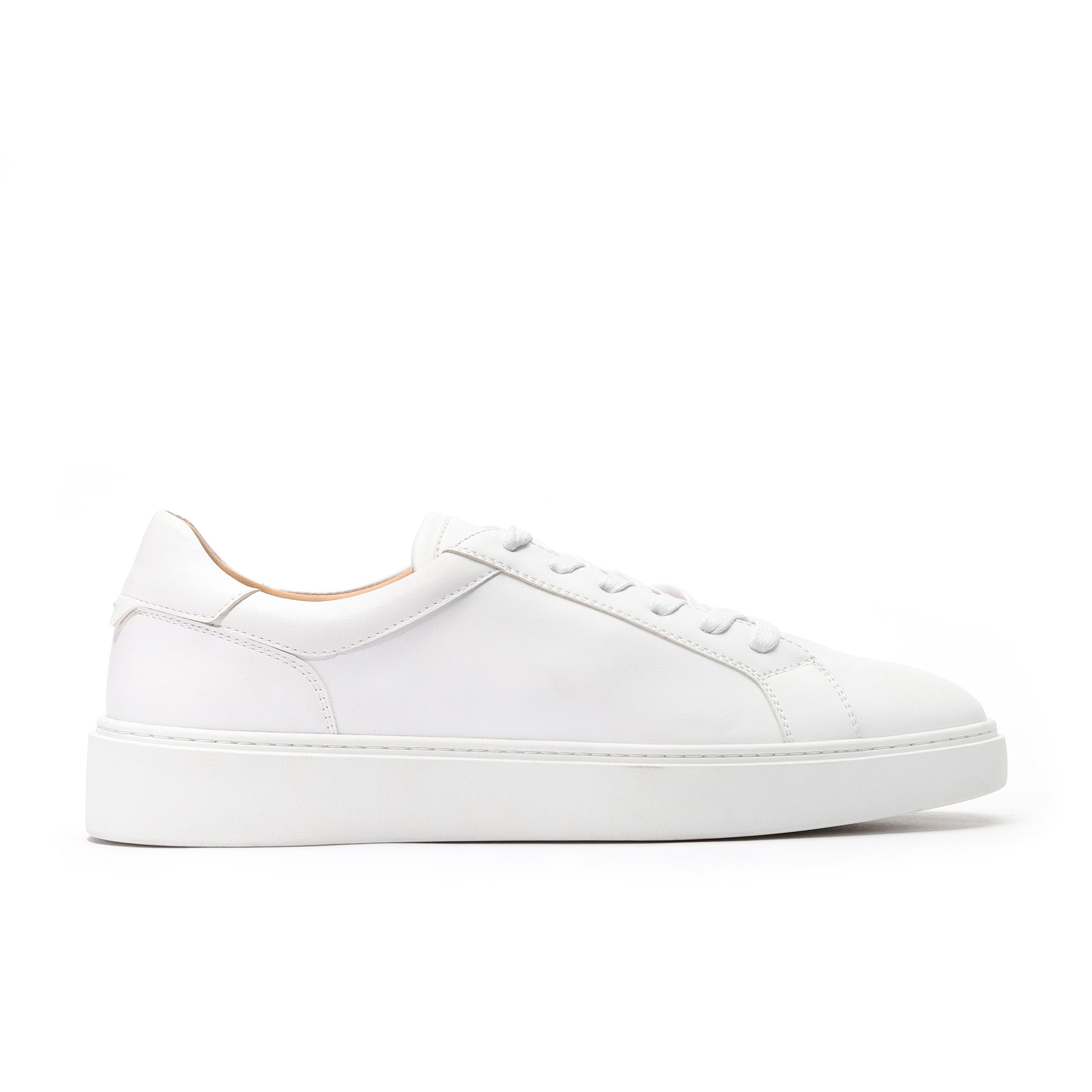 Top view of white luxury leather sneakers for men with padded ankle collar and memory foam insole.