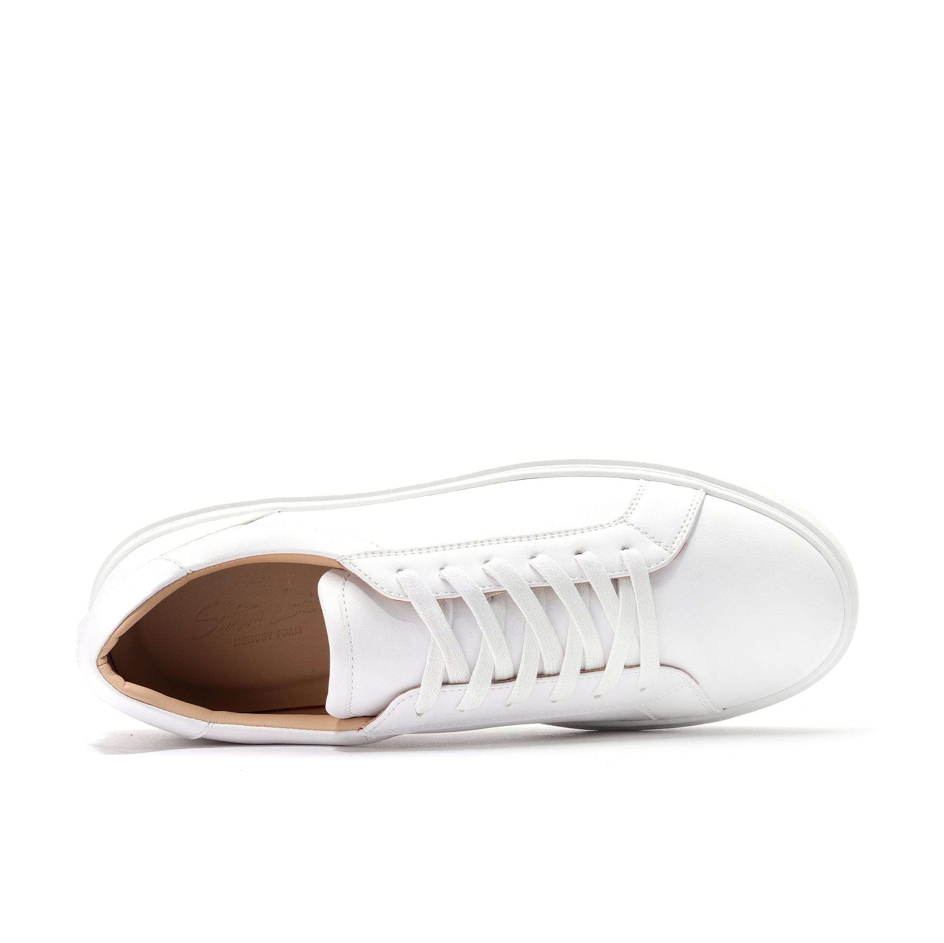 Close-up of white genuine leather sneakers men highlighting soft finish and modern silhouette.