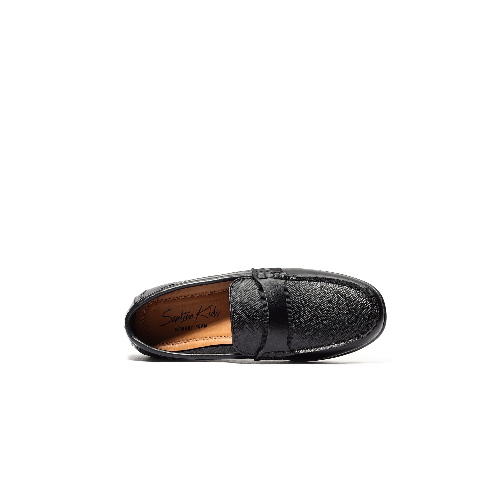 Top view of black Greco kids’ loafers, lightweight slip-on shoes perfect for school and casual wear.