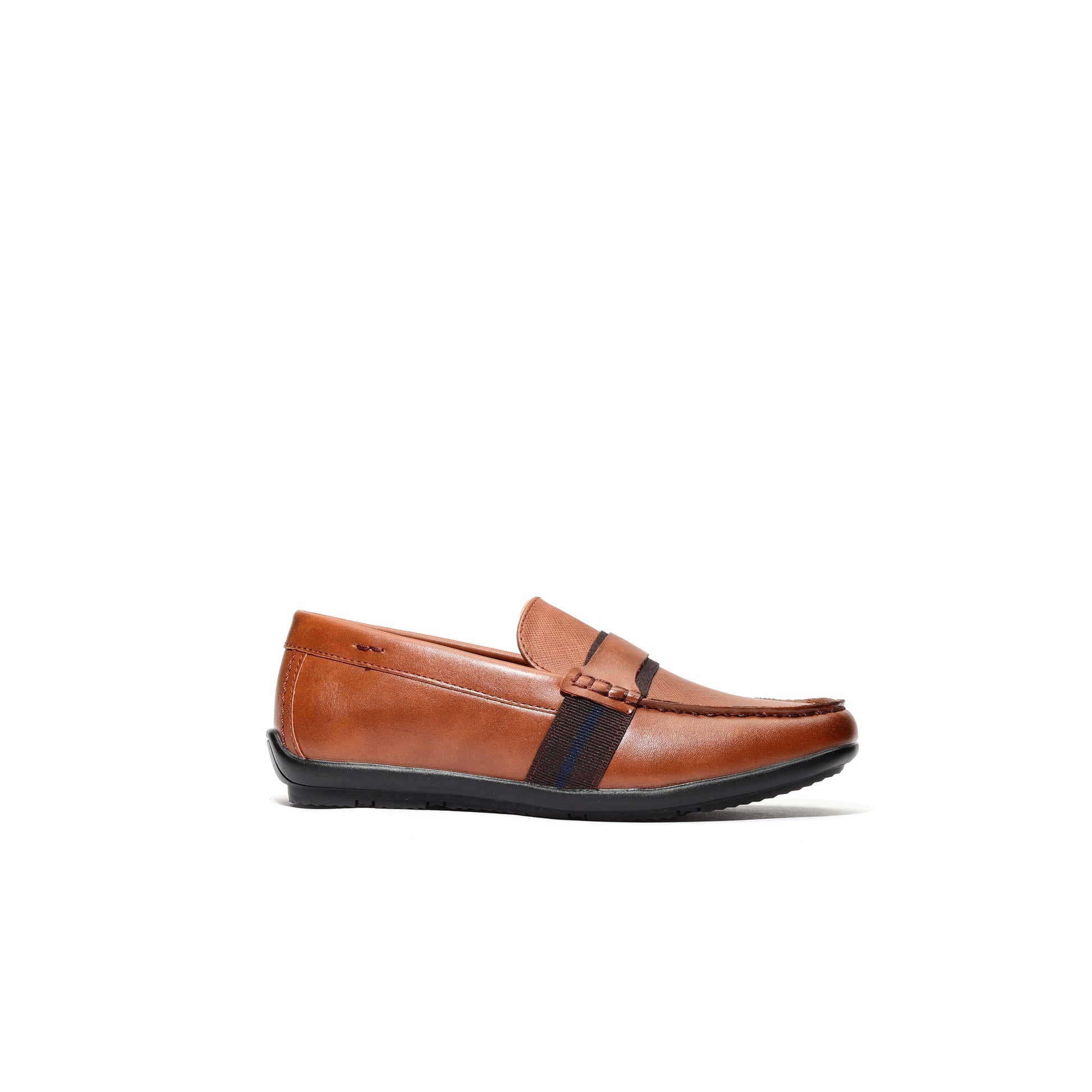 Side profile of cognac kids’ loafers, featuring memory foam comfort and flexible outsole.