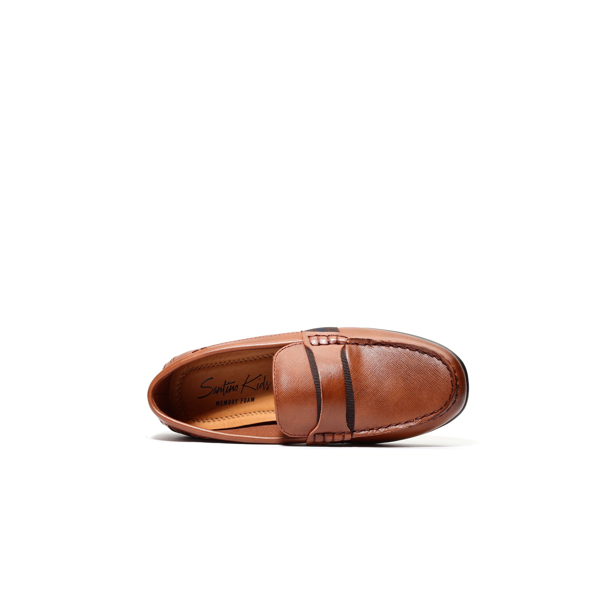 Top view of cognac kids’ moccasins, versatile slip-on shoes for casual outings and dress occasions.