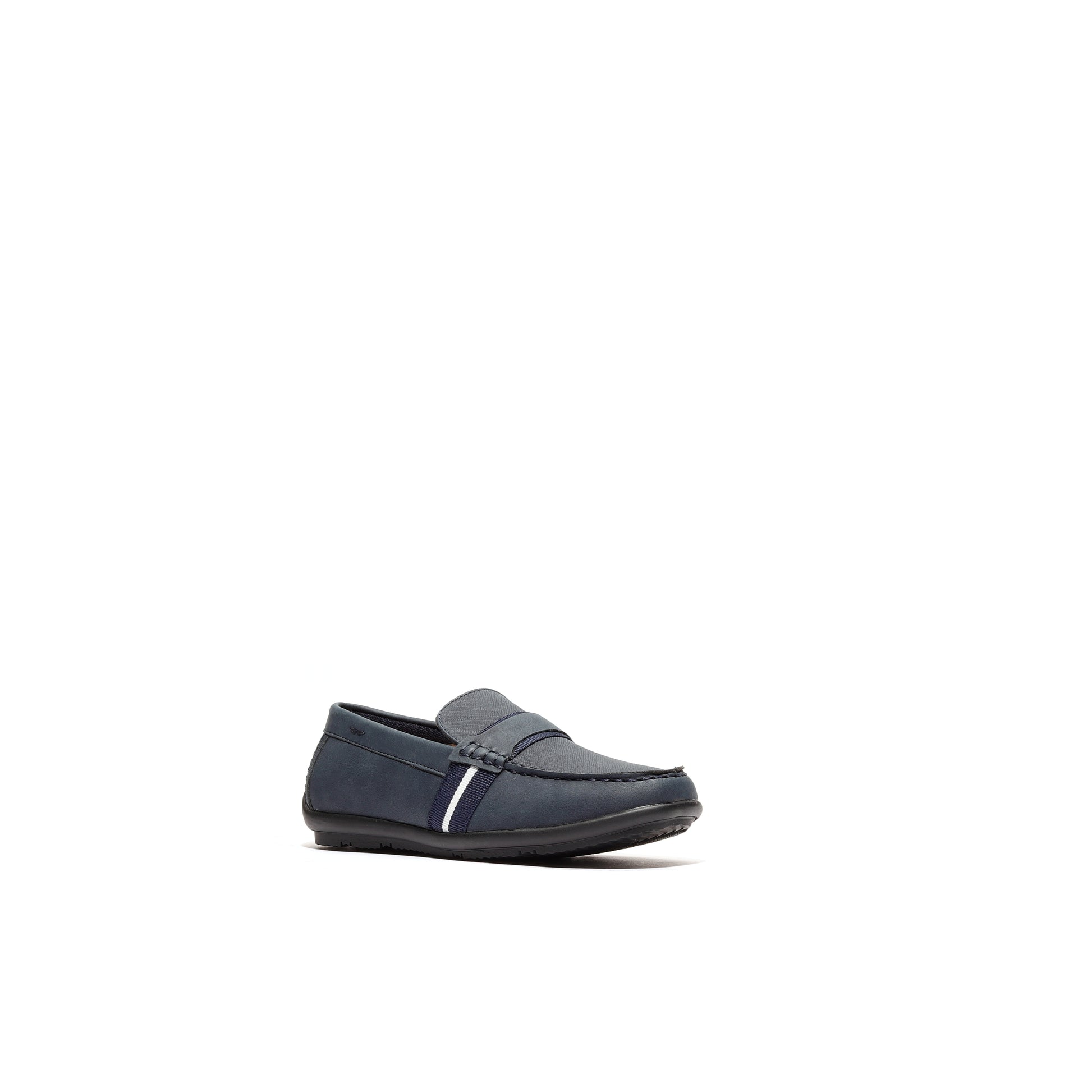 Angled view of navy Greco Slip-On Kids – modern kids’ slip-on dress shoes with cushioned insole.