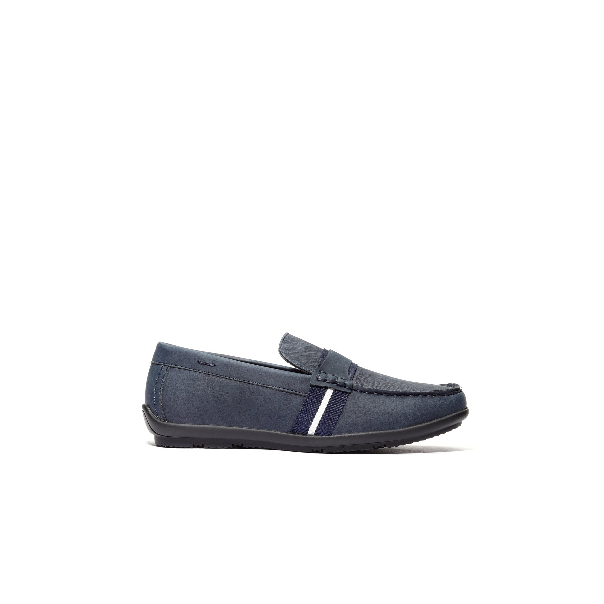Side profile of navy Passi Sovrani kids’ loafers, lightweight moccasins designed for comfort and durability.