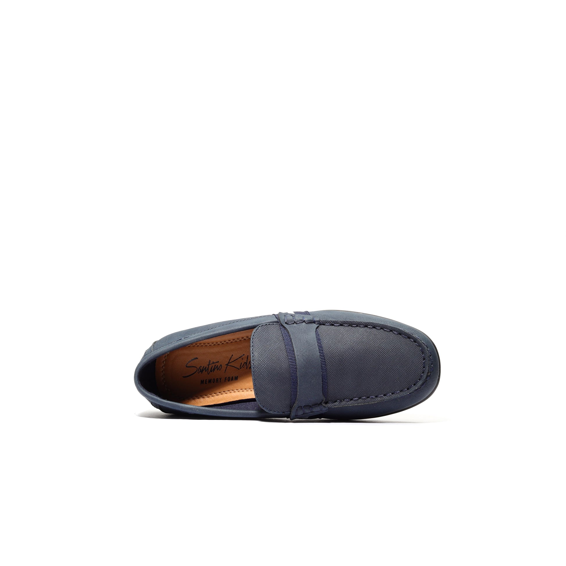 Top view of navy kids’ slip-on shoes, breathable and flexible moccasins for school and play.