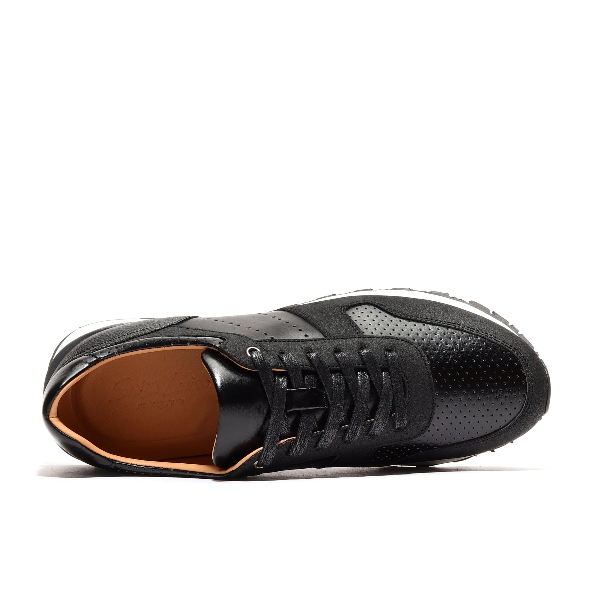 This black athleisure performance sport runner, shown from the top view, features a sleek, contemporary design ideal for active lifestyles. The high-performance fabric offers breathability and comfort, with strategic mesh panels for enhanced ventilation. Whether for running, training, or casual wear, this black sport runner provides both style and functionality, perfect for any workout.