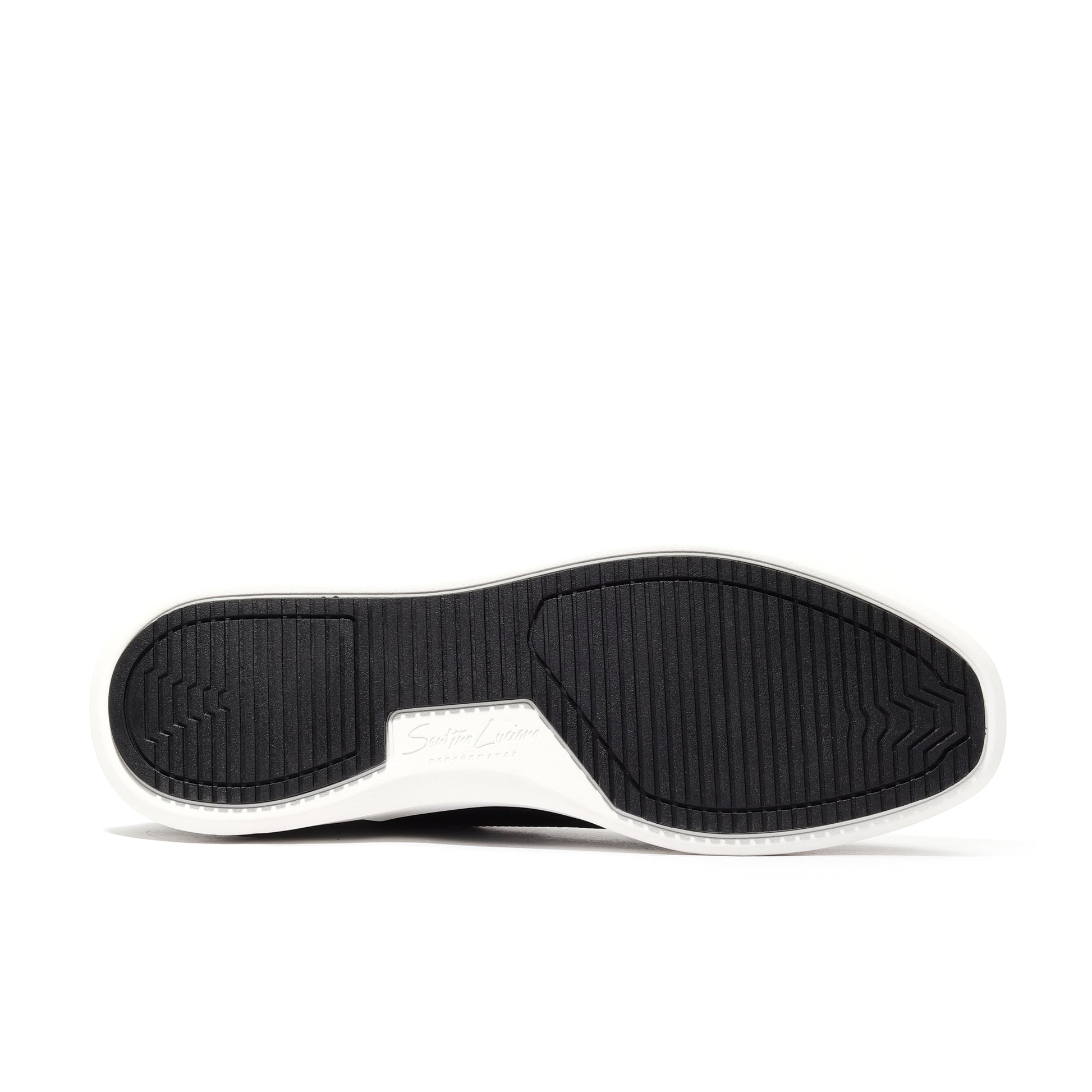Close-up of the outsole design of black men's athleisure sneakers, showcasing durable grip and flexibility for enhanced comfort and performance.