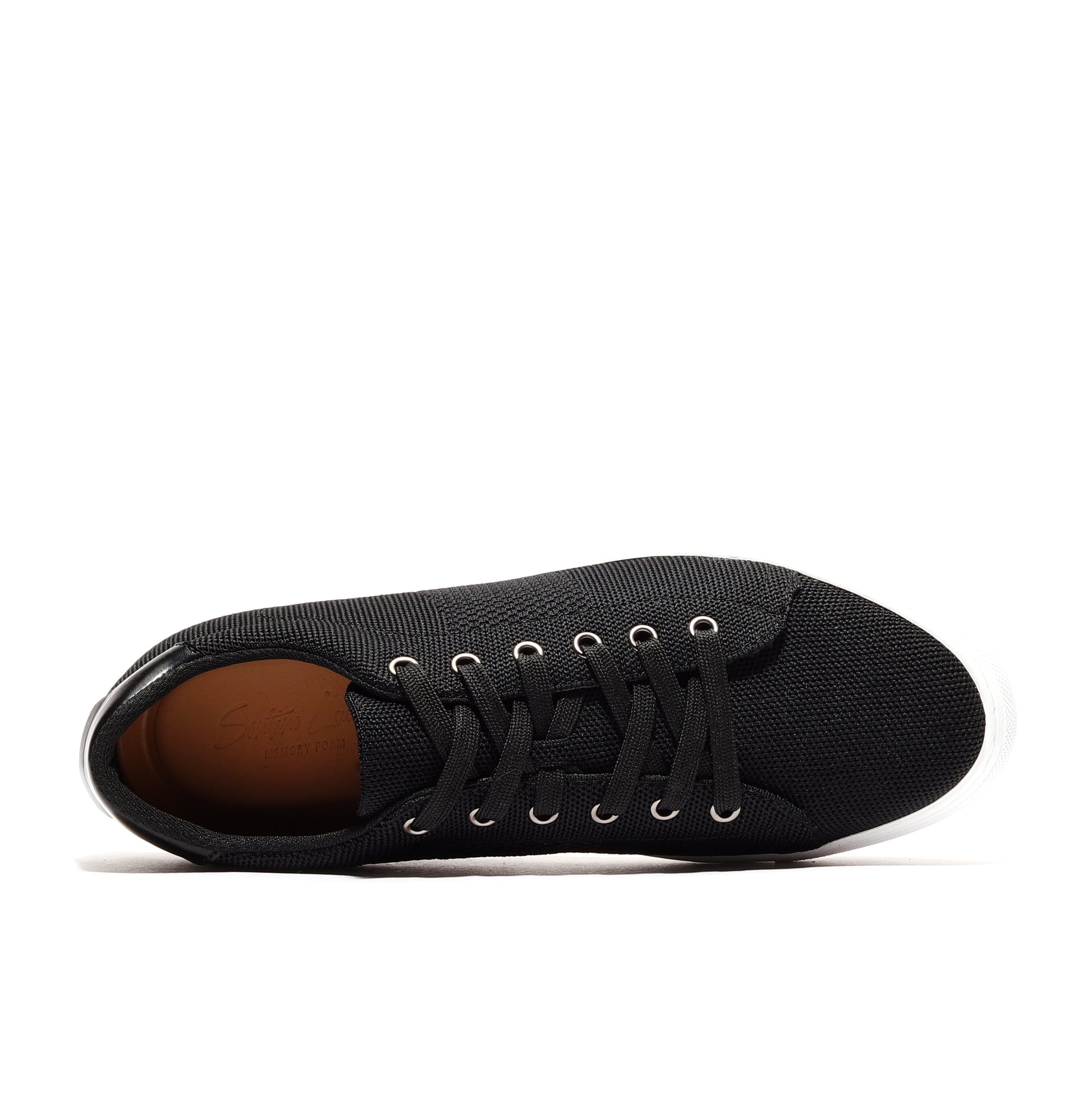Black sport knit sneaker top view highlighting the breathable mesh upper, cushioned insole, and flexible construction for enhanced comfort. Perfect for running, training, or casual wear, combining style, durability, and performance.