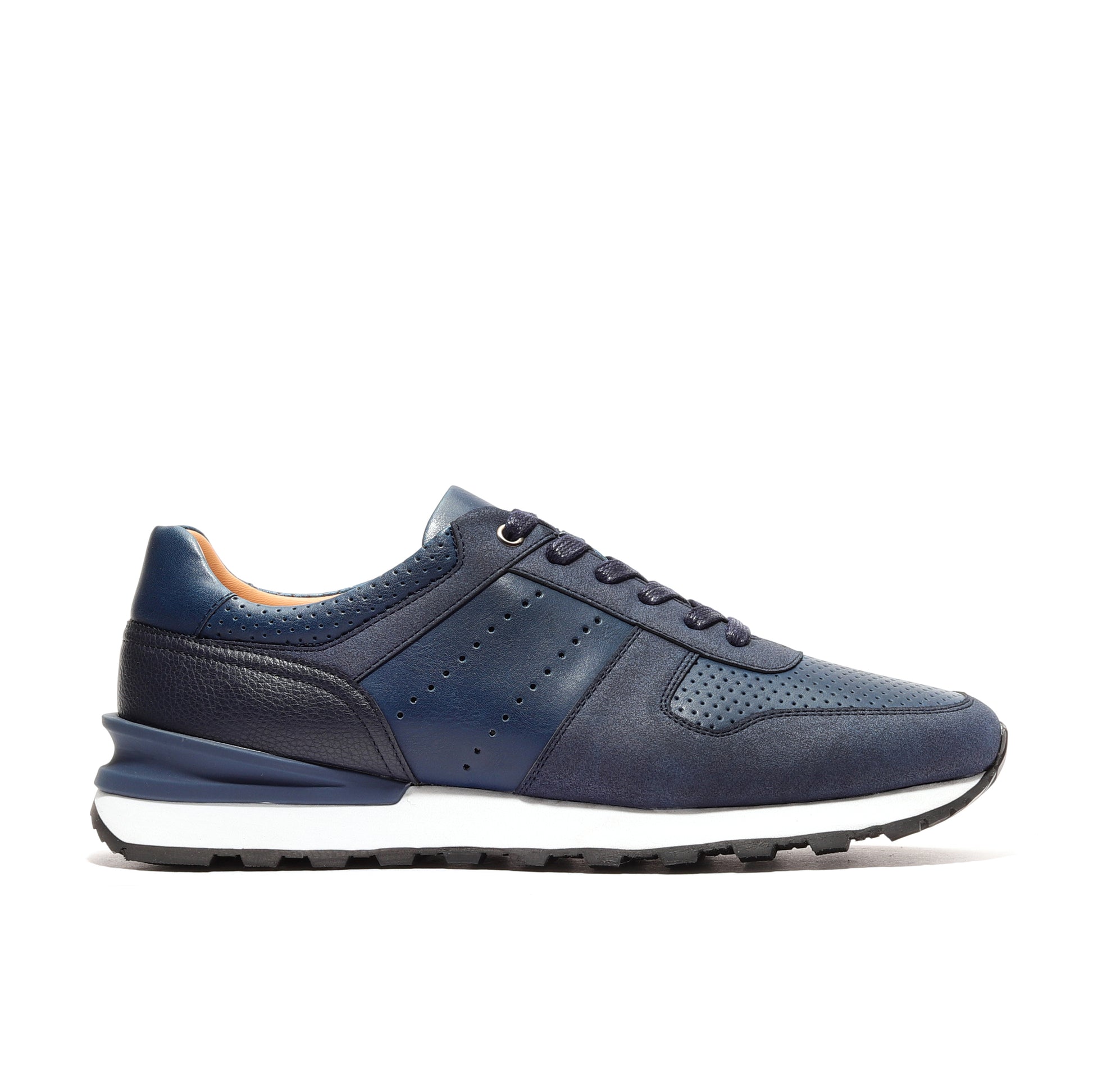 Side view of navy athleisure performance sport runner shoes, highlighting the sleek design and breathable mesh upper for comfort and versatility in both athletic and casual wear.