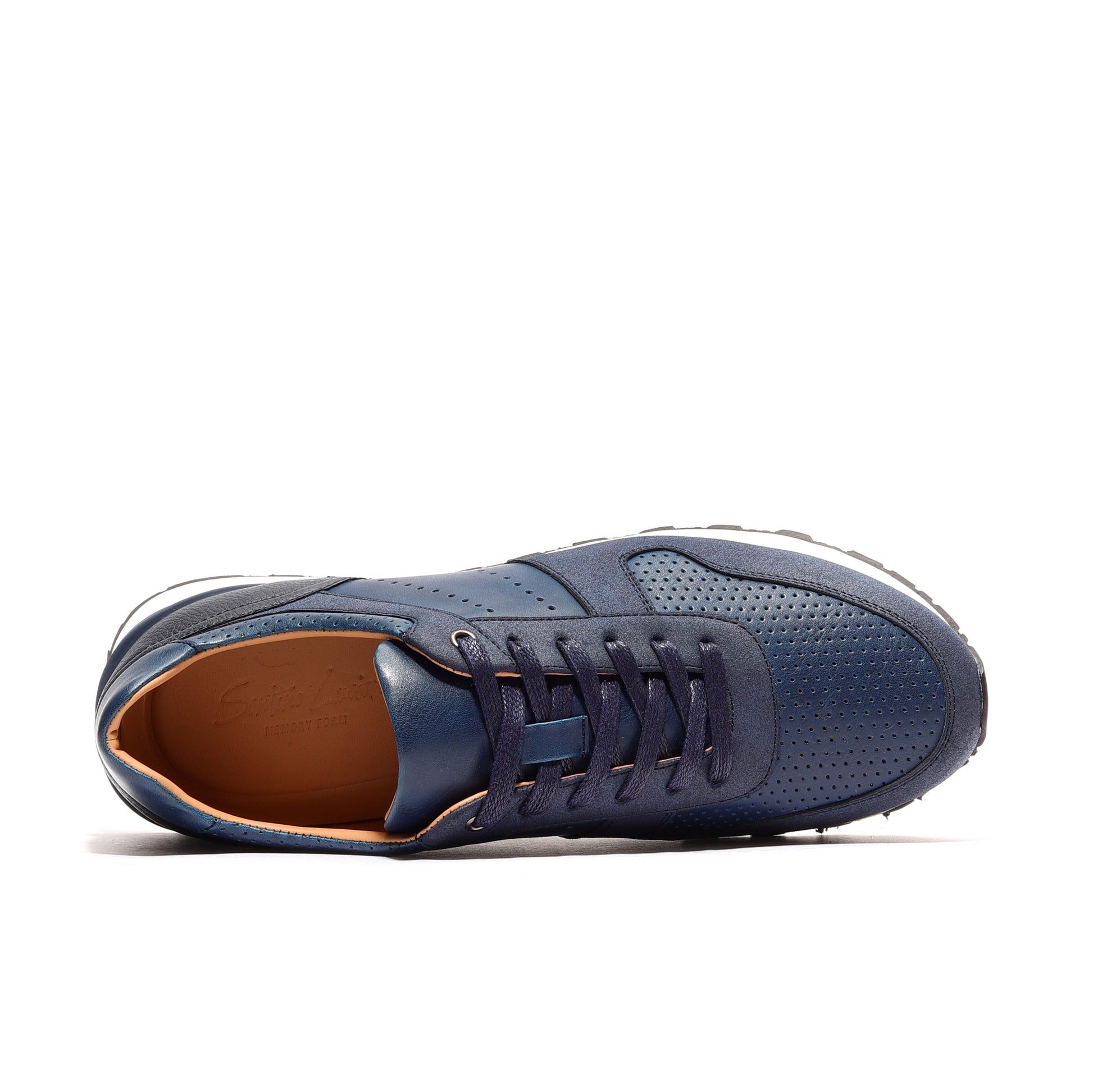 Top view of navy men's athleisure performance sport runner shoes, featuring a breathable mesh upper and sleek design for optimal comfort and style during workouts and casual wear.