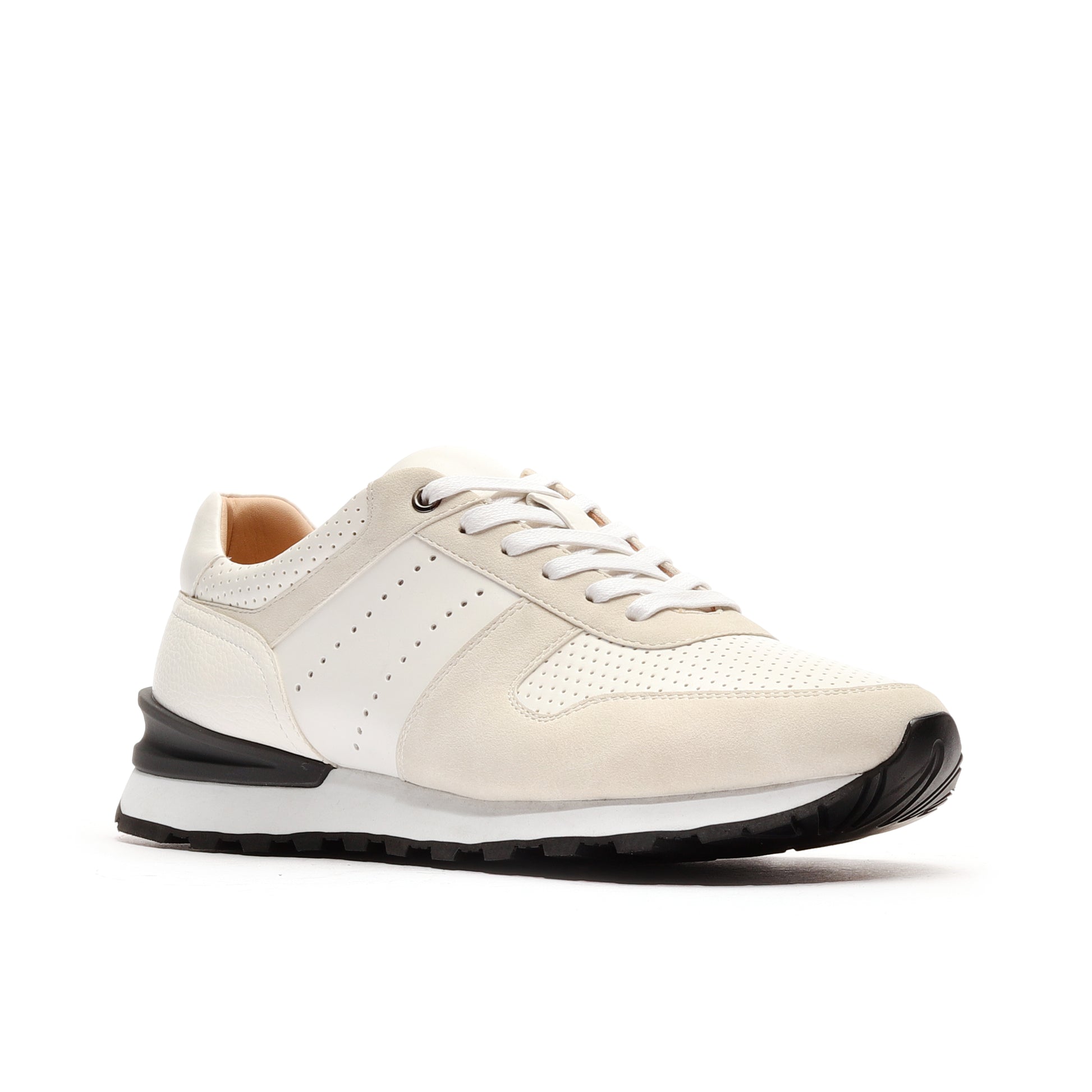 Angled view of white athleisure performance sport runner shoes, showcasing their stylish design and breathable mesh upper, ideal for both athletic performance and casual outings.