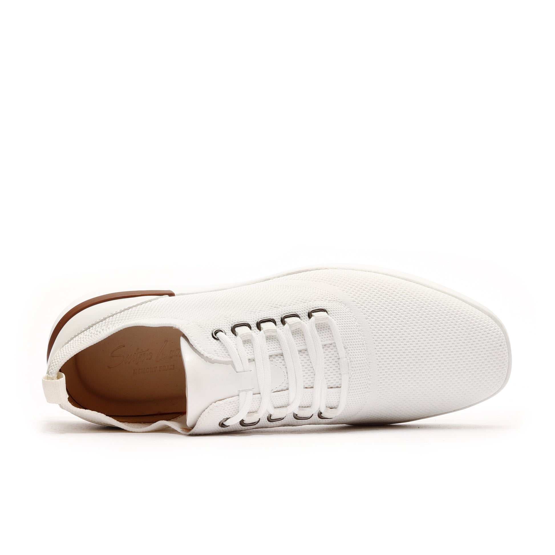 Top view of white men's athleisure sneakers, showcasing the sleek upper design and breathable material for versatile, everyday comfort.