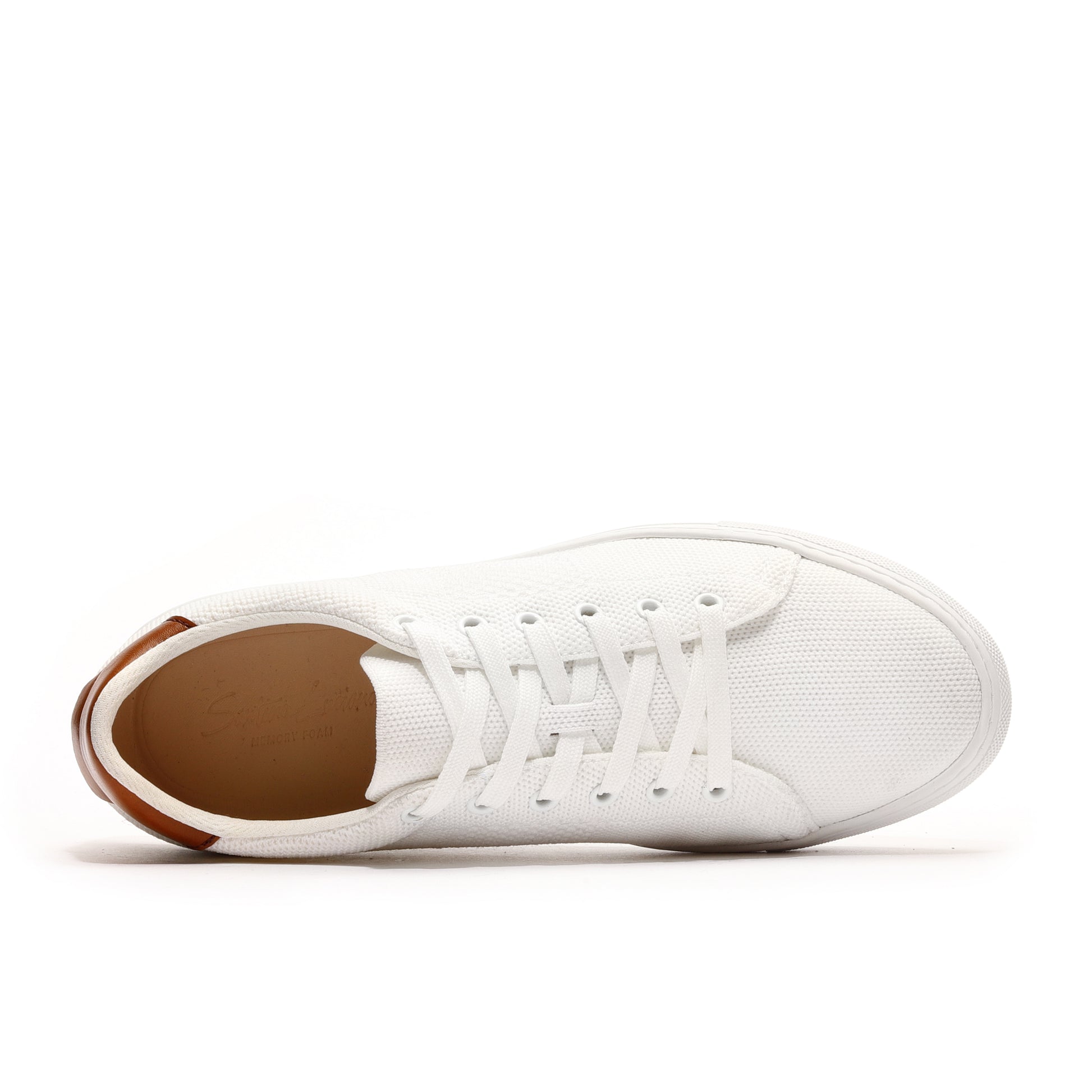 White sport knit sneaker top view showcasing the breathable mesh upper, cushioned insole, and lightweight design for ultimate comfort. Perfect for casual wear, running, or gym sessions, offering a stylish and functional athletic shoe.