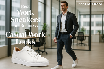 Best Work Sneakers for business and casual work looks featuring Passi Sovrani professional leather sneakers styled with business casual outfits in a modern office environment