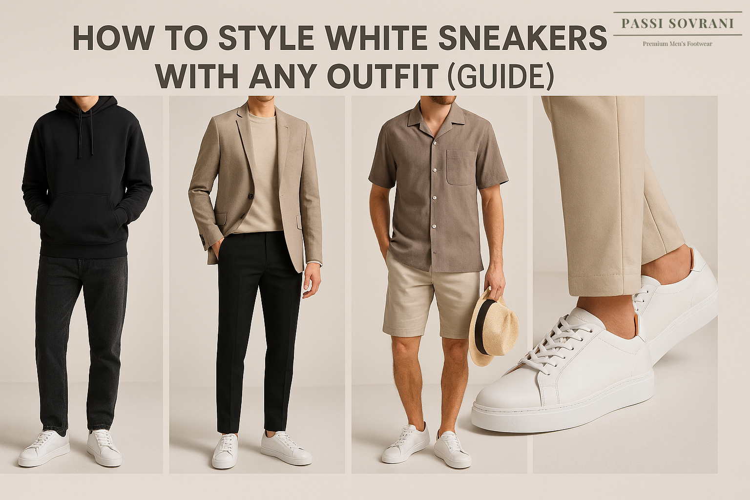 Passi Sovrani white sneakers featured in a versatile fashion scene for How to Style White Sneakers with Any Outfit guide.