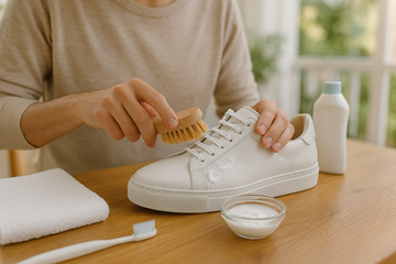 Step-by-step guide on how to clean white shoes at home using baking soda and gentle cleaning methods.